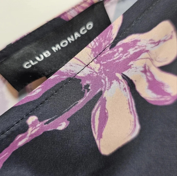 Club Monaco Ruched Blouse Shirt Floral Black V neck Fuchsia Zipper size S - Picture 5 of 8
